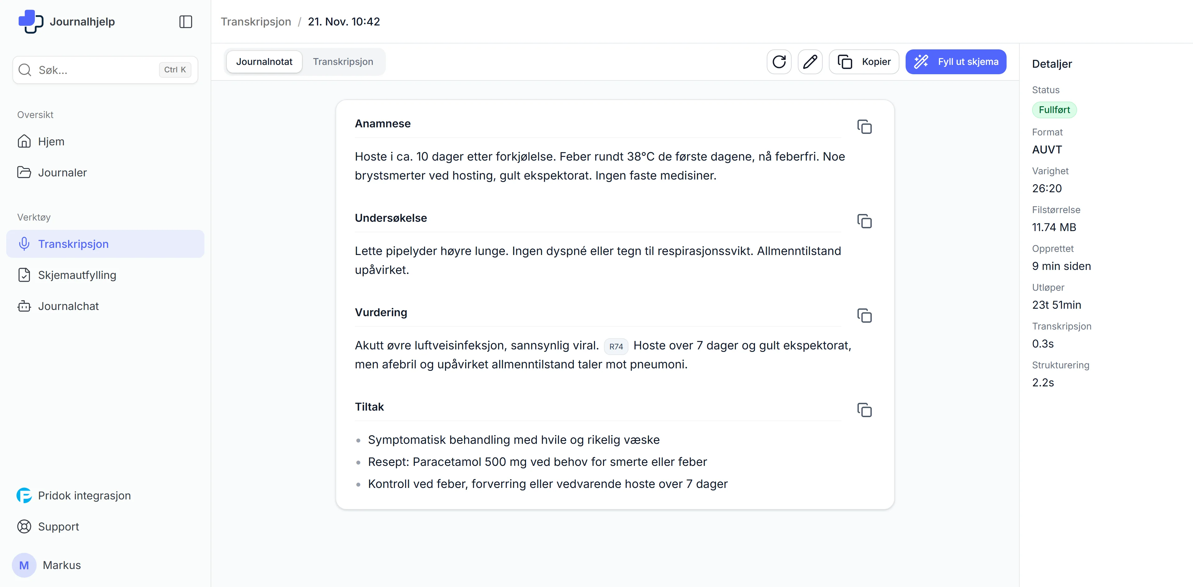 Journalhjelp dashboard som viser automatisk utfylling av legeerklæring basert på pasientjournal