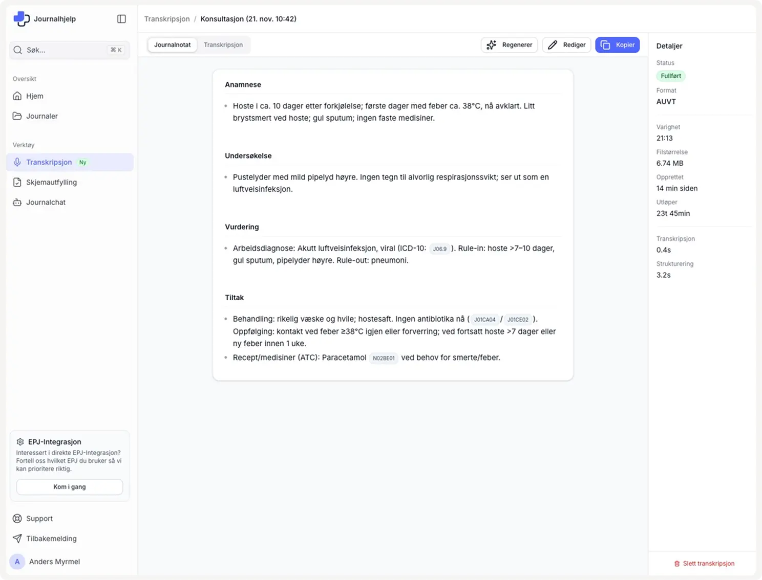 Journalhjelp applikasjon som viser pasientbehandling og journalføring